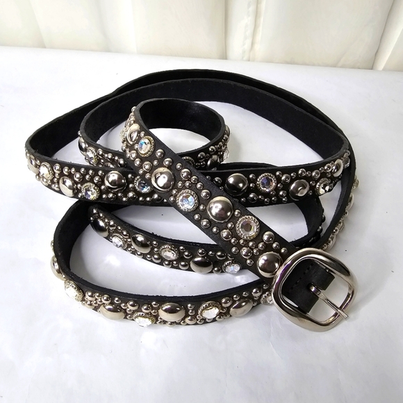 Streets Ahead Double Length Stud & Rhinestone Embellished Black Skinny Belt - Picture 1 of 6
